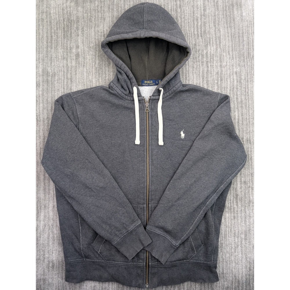 Polo Ralph Lauren Hoodie Full Zip Sweatshirt Mens L Gray Waffle Lined Hood